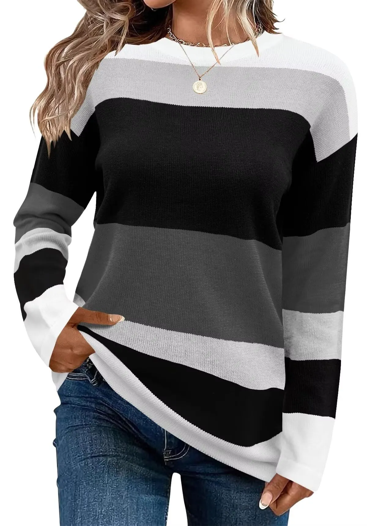 FEKOAFE Women's 2025 Cute Striped Sweaters Crew Neck Long Sleeve Pullover Sweaters for Women