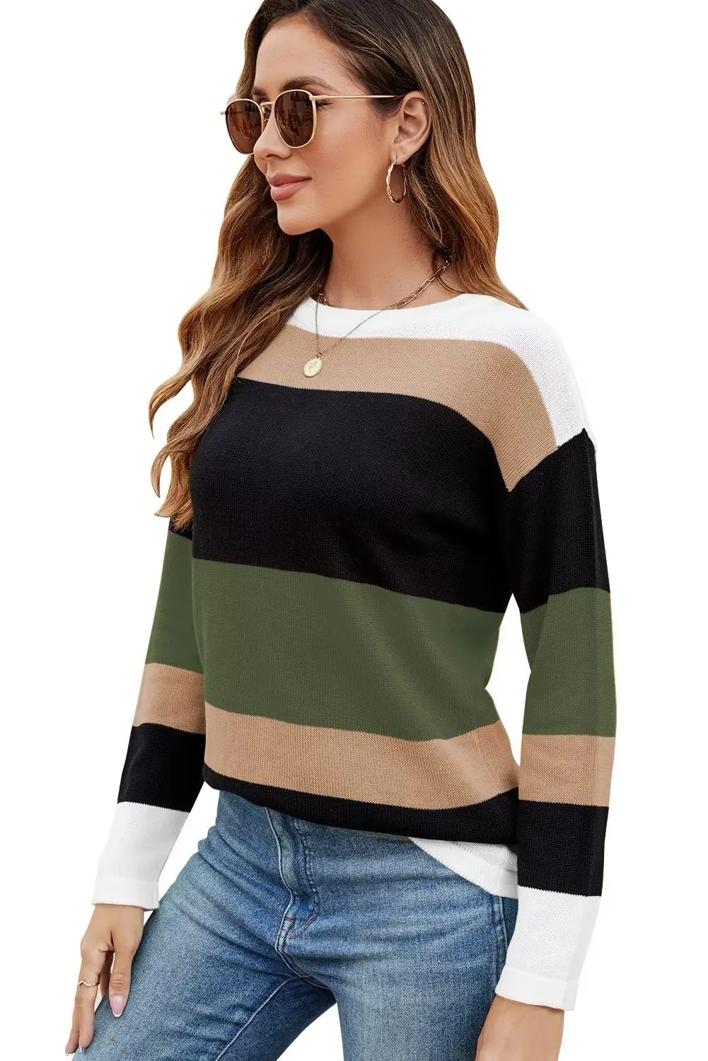 FEKOAFE Women's 2025 Cute Striped Sweaters Crew Neck Long Sleeve Pullover Sweaters for Women