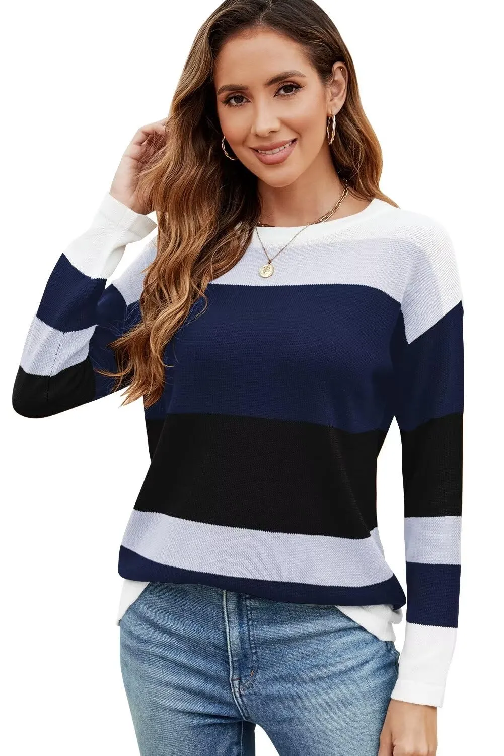 FEKOAFE Women's 2025 Cute Striped Sweaters Crew Neck Long Sleeve Pullover Sweaters for Women