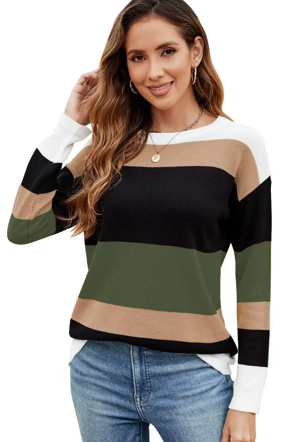 FEKOAFE Women's 2025 Cute Striped Sweaters Crew Neck Long Sleeve Pullover Sweaters for Women