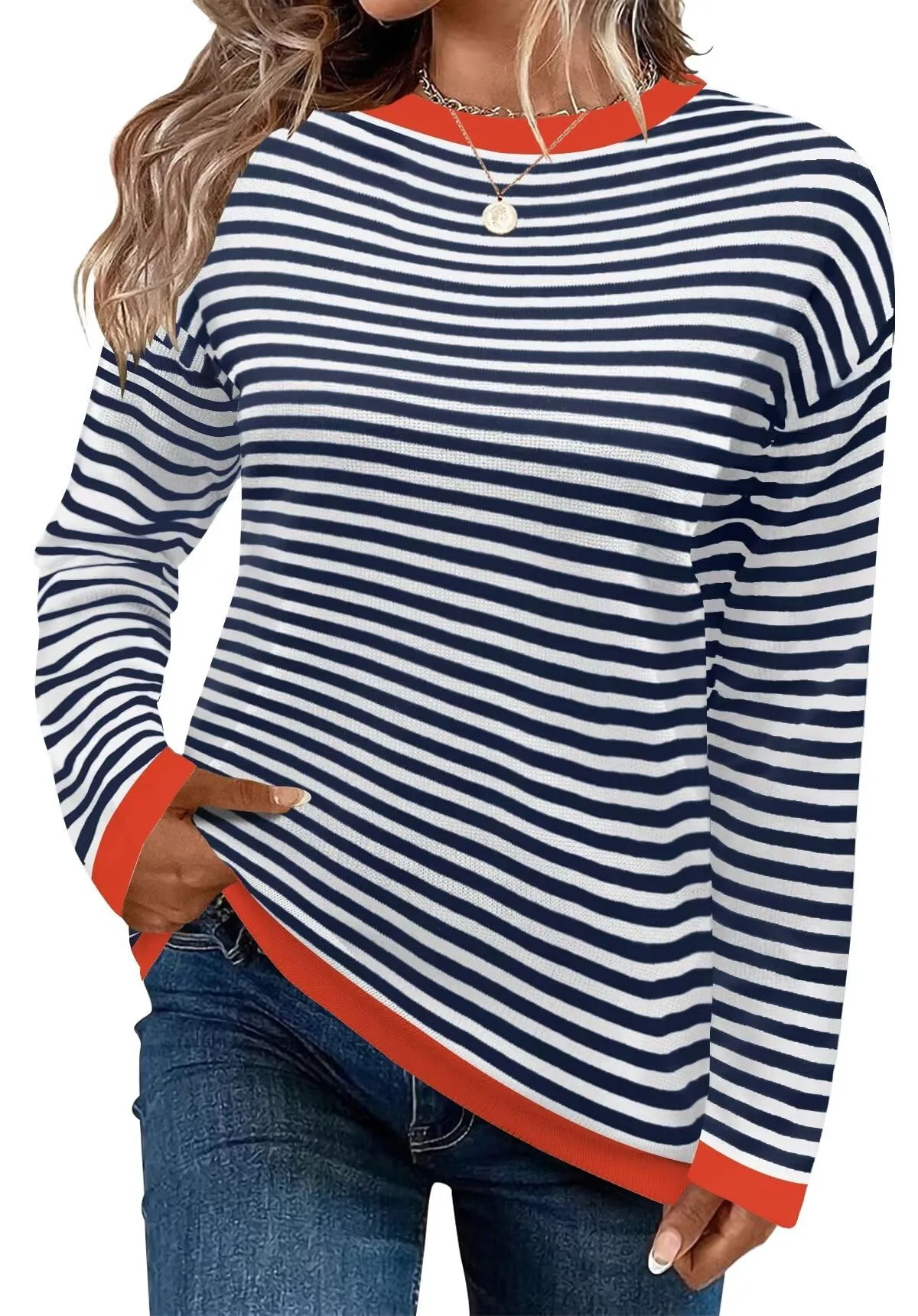 FEKOAFE Women's 2025 Cute Striped Sweaters Crew Neck Long Sleeve Pullover Sweaters for Women