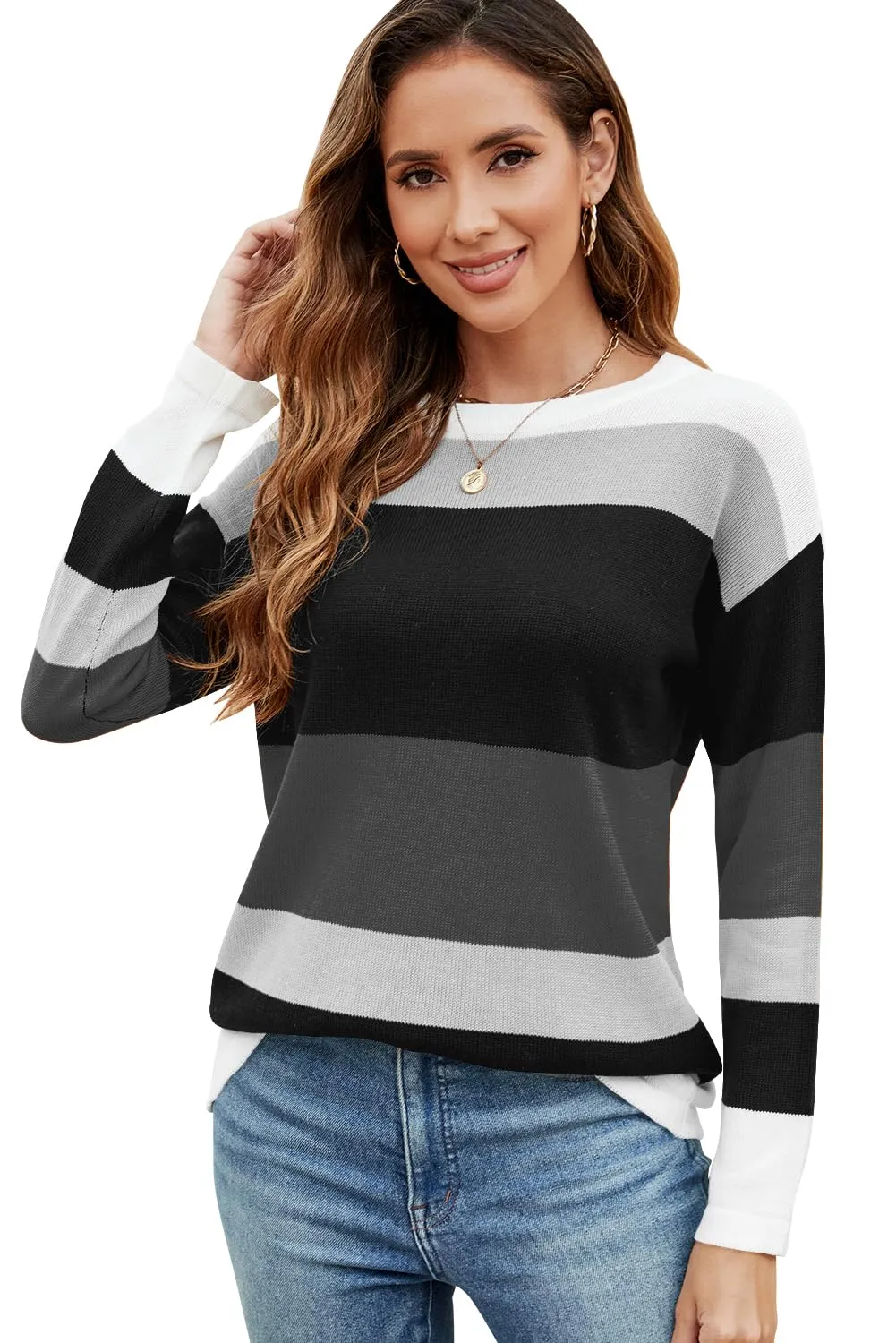 FEKOAFE Women's 2025 Cute Striped Sweaters Crew Neck Long Sleeve Pullover Sweaters for Women