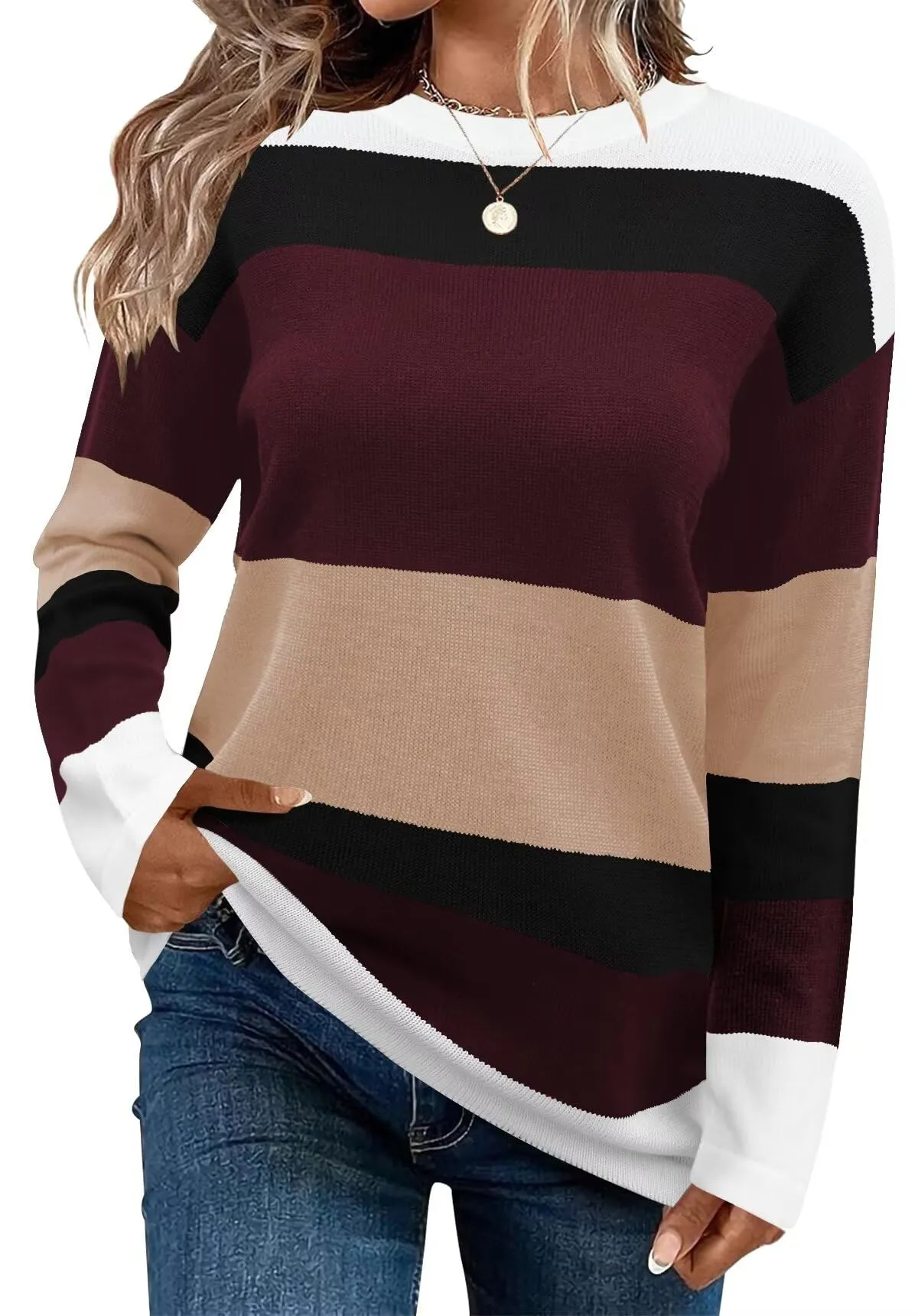 FEKOAFE Women's 2025 Cute Striped Sweaters Crew Neck Long Sleeve Pullover Sweaters for Women