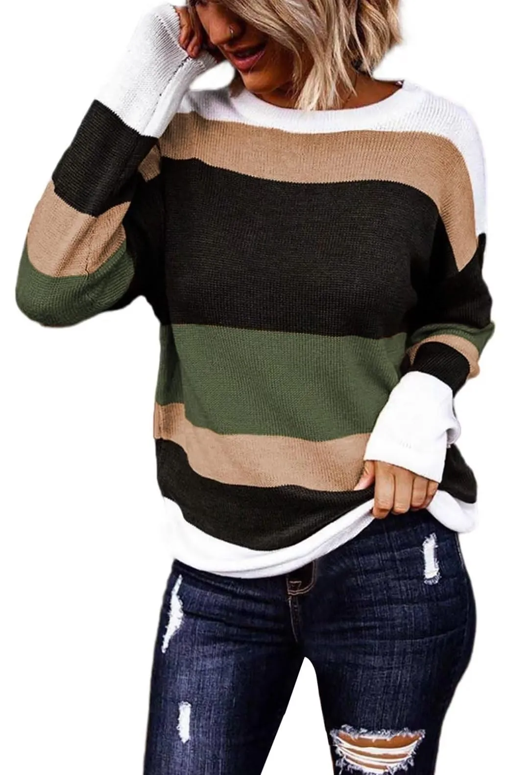 FEKOAFE Women's 2025 Cute Striped Sweaters Crew Neck Long Sleeve Pullover Sweaters for Women