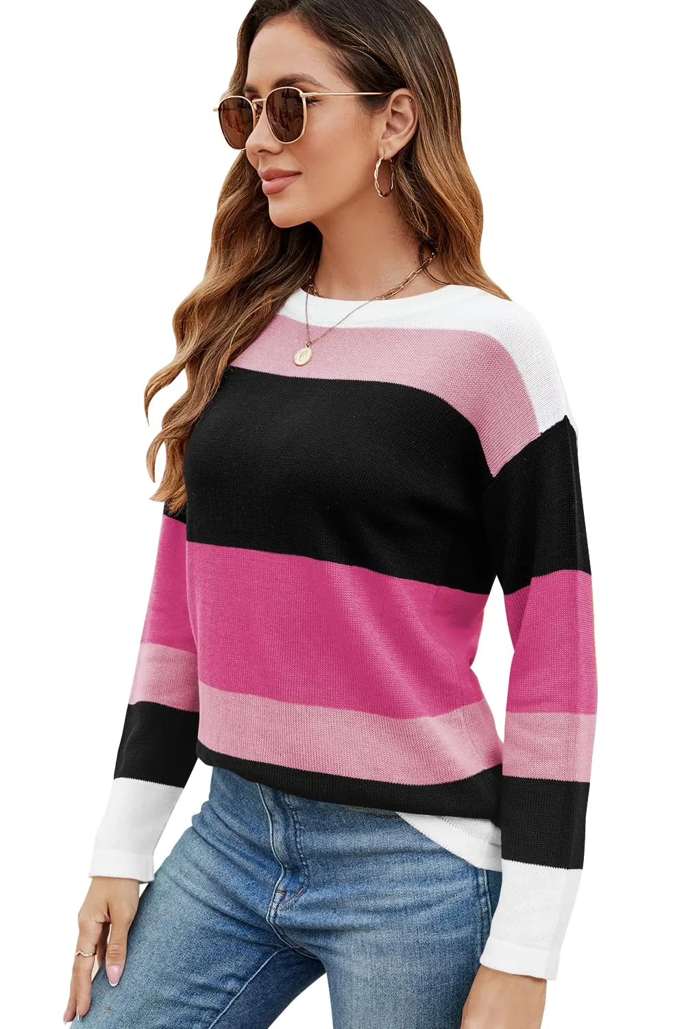FEKOAFE Women's 2025 Cute Striped Sweaters Crew Neck Long Sleeve Pullover Sweaters for Women