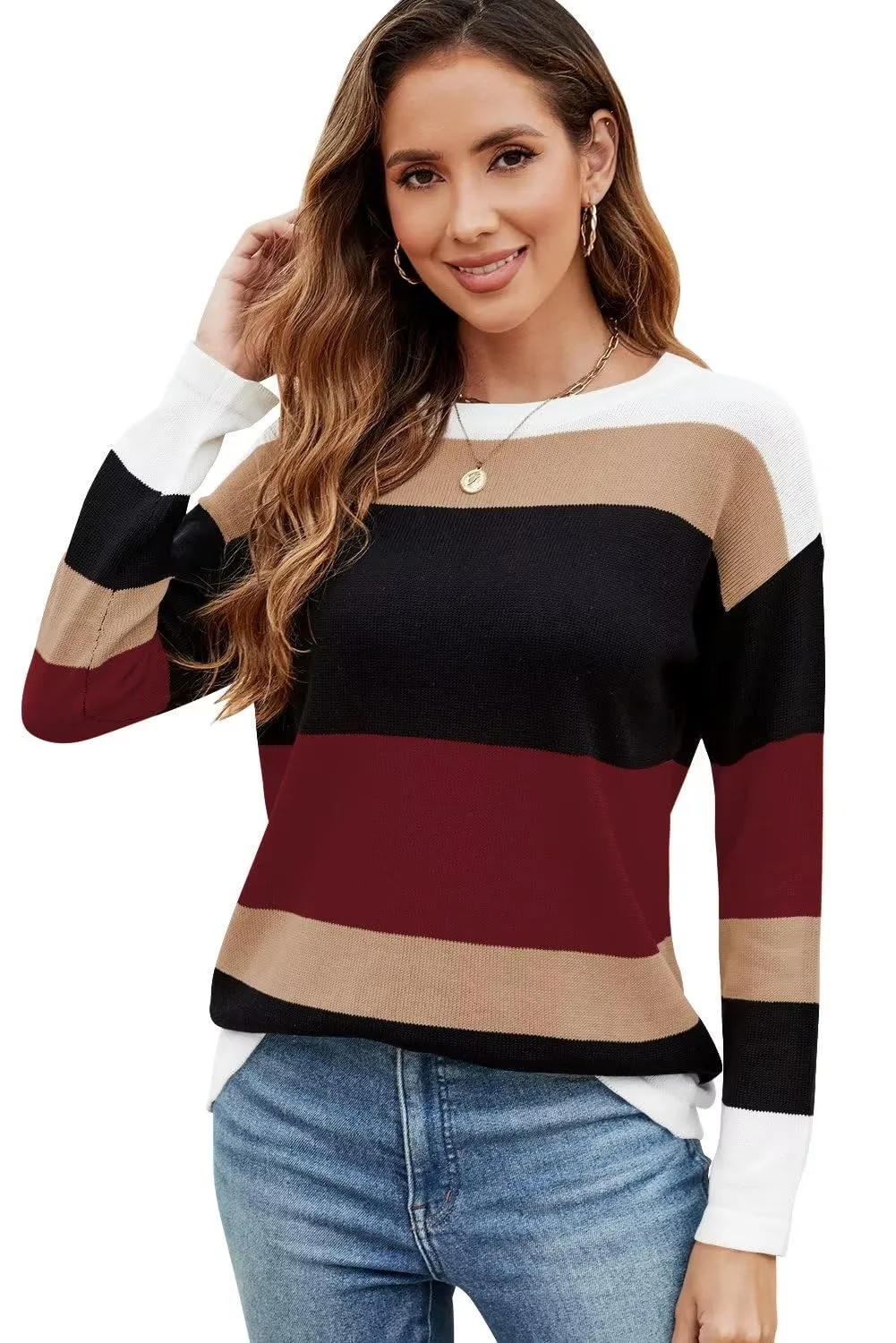 FEKOAFE Women's 2025 Cute Striped Sweaters Crew Neck Long Sleeve Pullover Sweaters for Women
