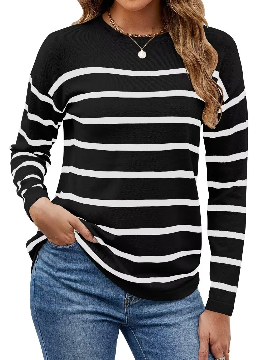 FEKOAFE Women's 2025 Cute Striped Sweaters Crew Neck Long Sleeve Pullover Sweaters for Women