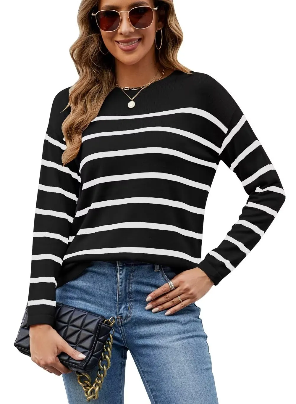 FEKOAFE Women's 2025 Cute Striped Sweaters Crew Neck Long Sleeve Pullover Sweaters for Women