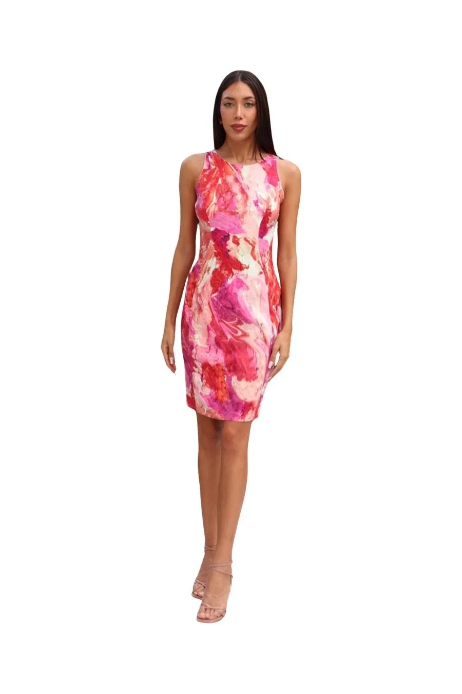 GEMMA Textured Watercolor Fitted Sleeveless Sheath Dress FUCHSIA