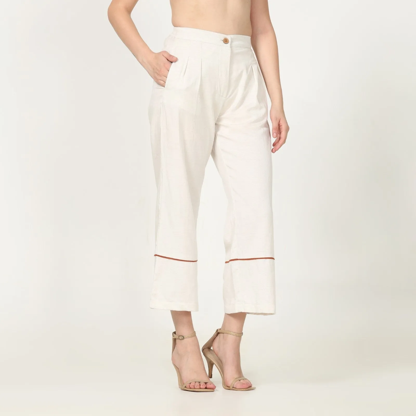 Hand-Crafted Off-White Pants | Front Pleated Barrel Leg | Autumn Rust Edging