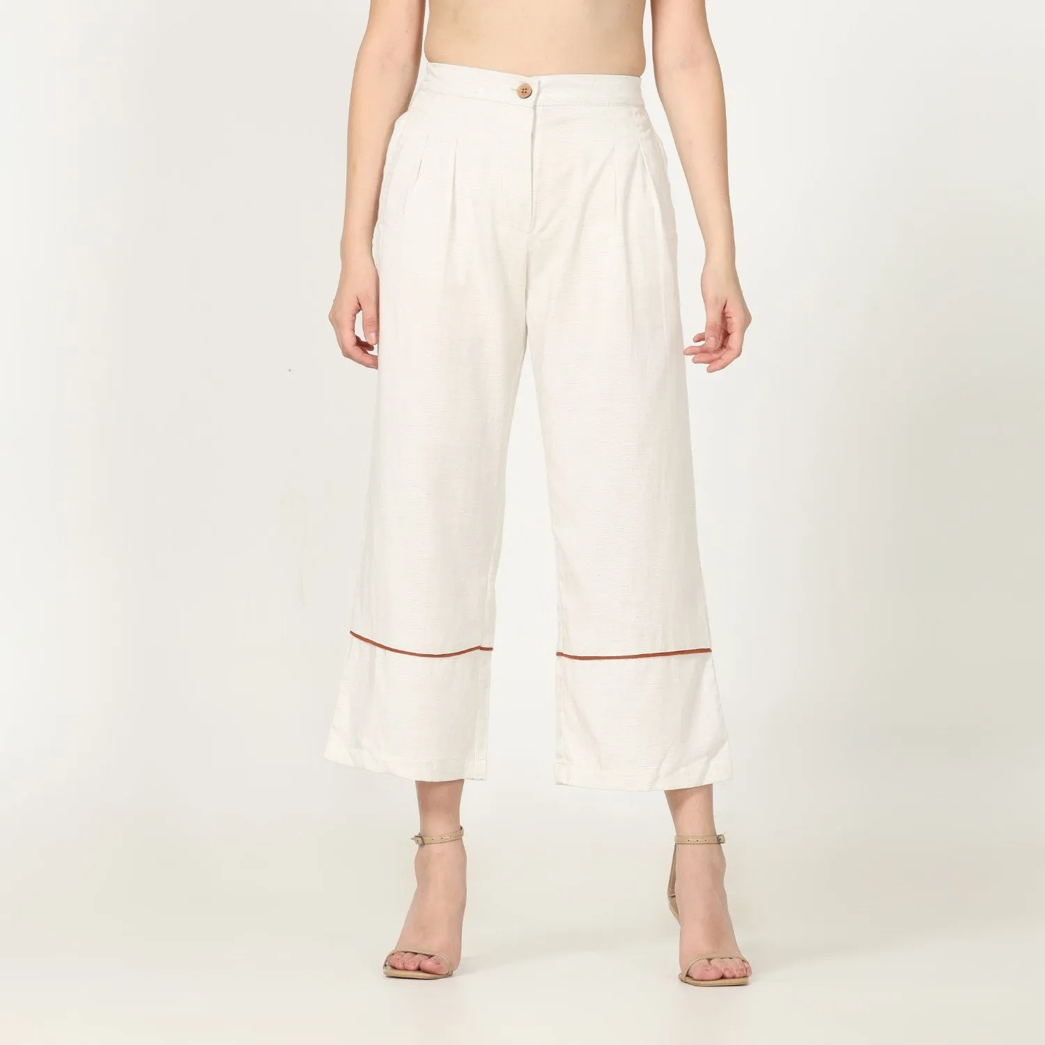 Hand-Crafted Off-White Pants | Front Pleated Barrel Leg | Autumn Rust Edging
