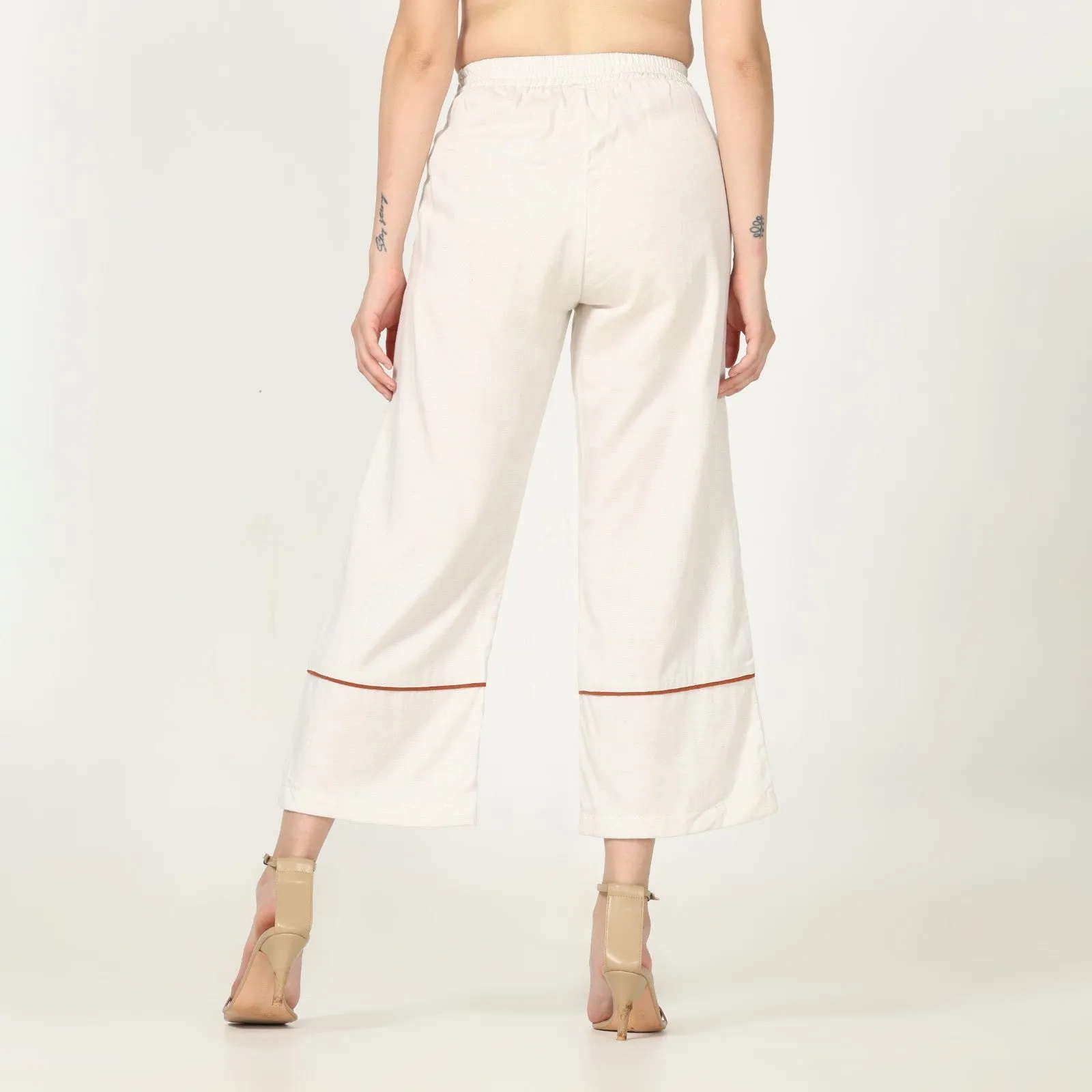 Hand-Crafted Off-White Pants | Front Pleated Barrel Leg | Autumn Rust Edging