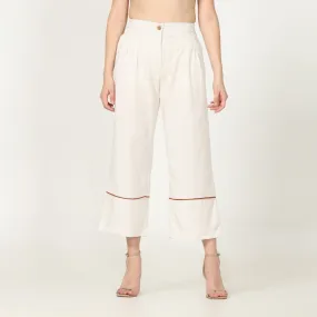 Hand-Crafted Off-White Pants | Front Pleated Barrel Leg | Autumn Rust Edging