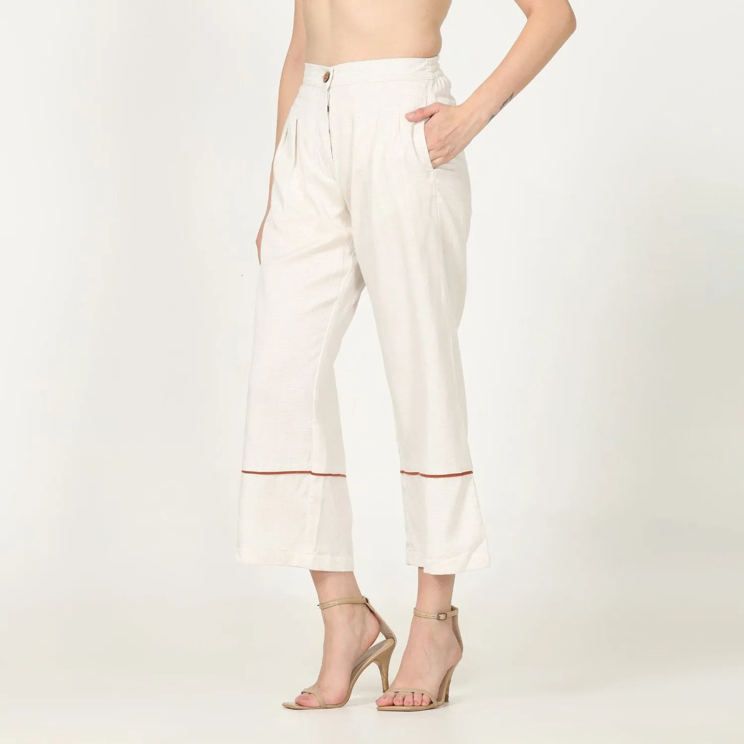 Hand-Crafted Off-White Pants | Front Pleated Barrel Leg | Autumn Rust Edging