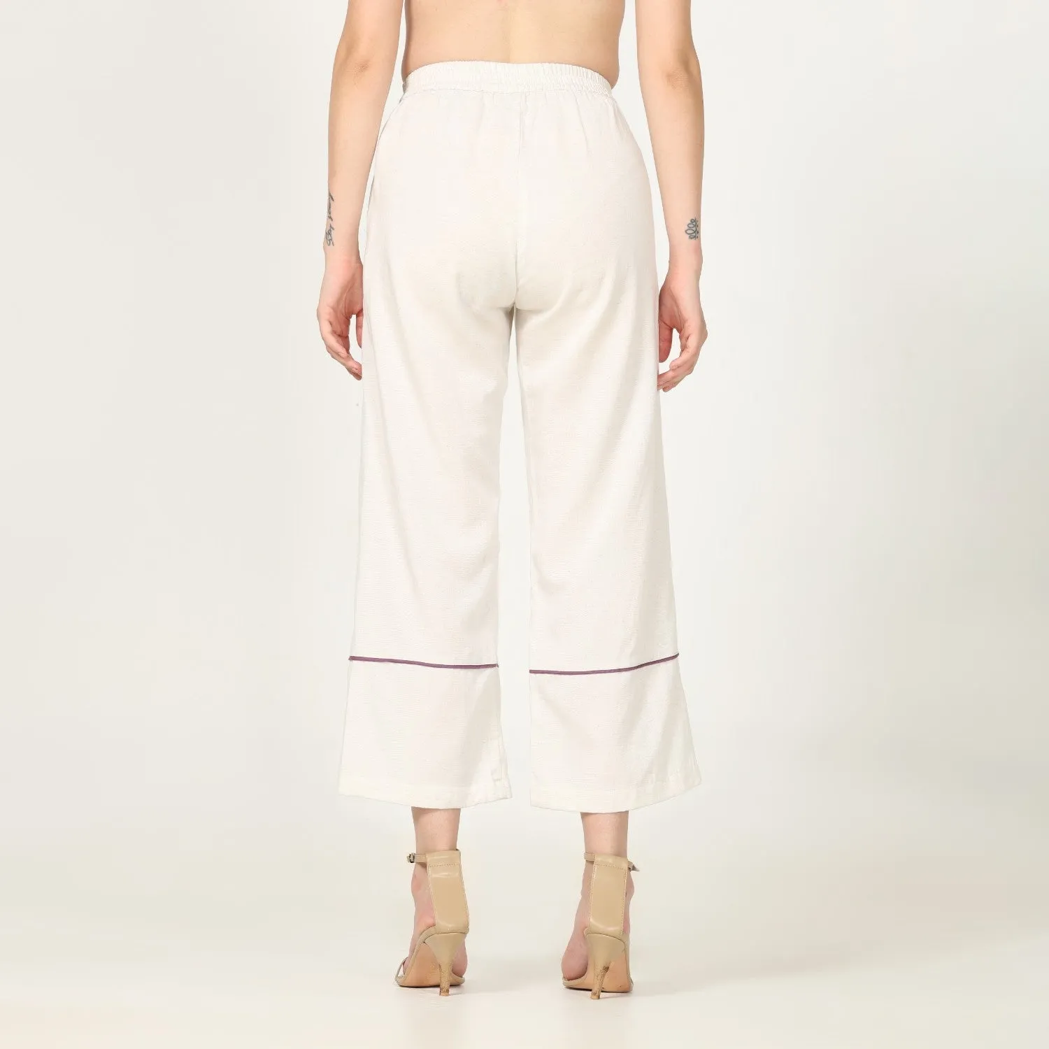Hand-Crafted Off-White Pants | Front Pleated Barrel Leg | Royal Purple Edging