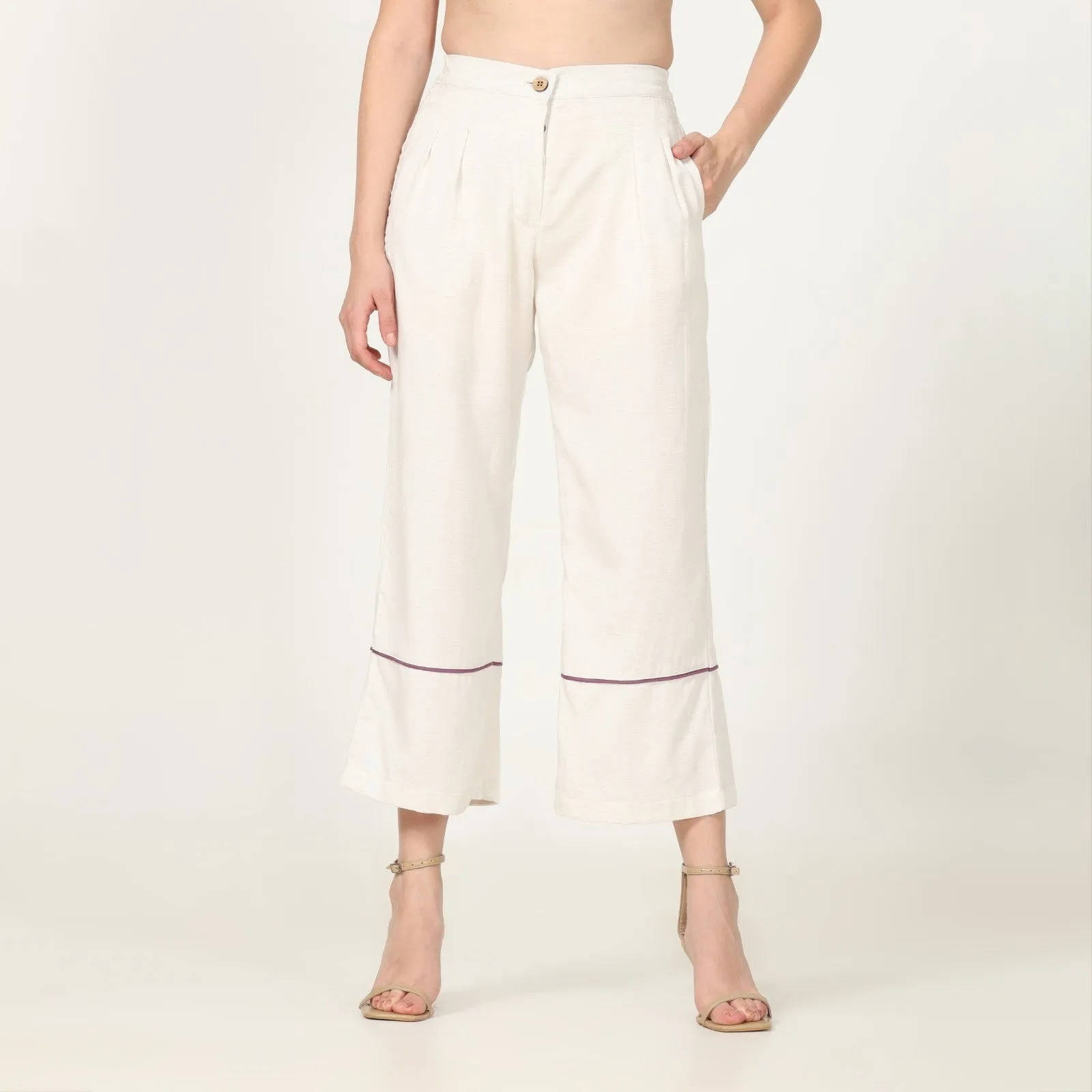Hand-Crafted Off-White Pants | Front Pleated Barrel Leg | Royal Purple Edging