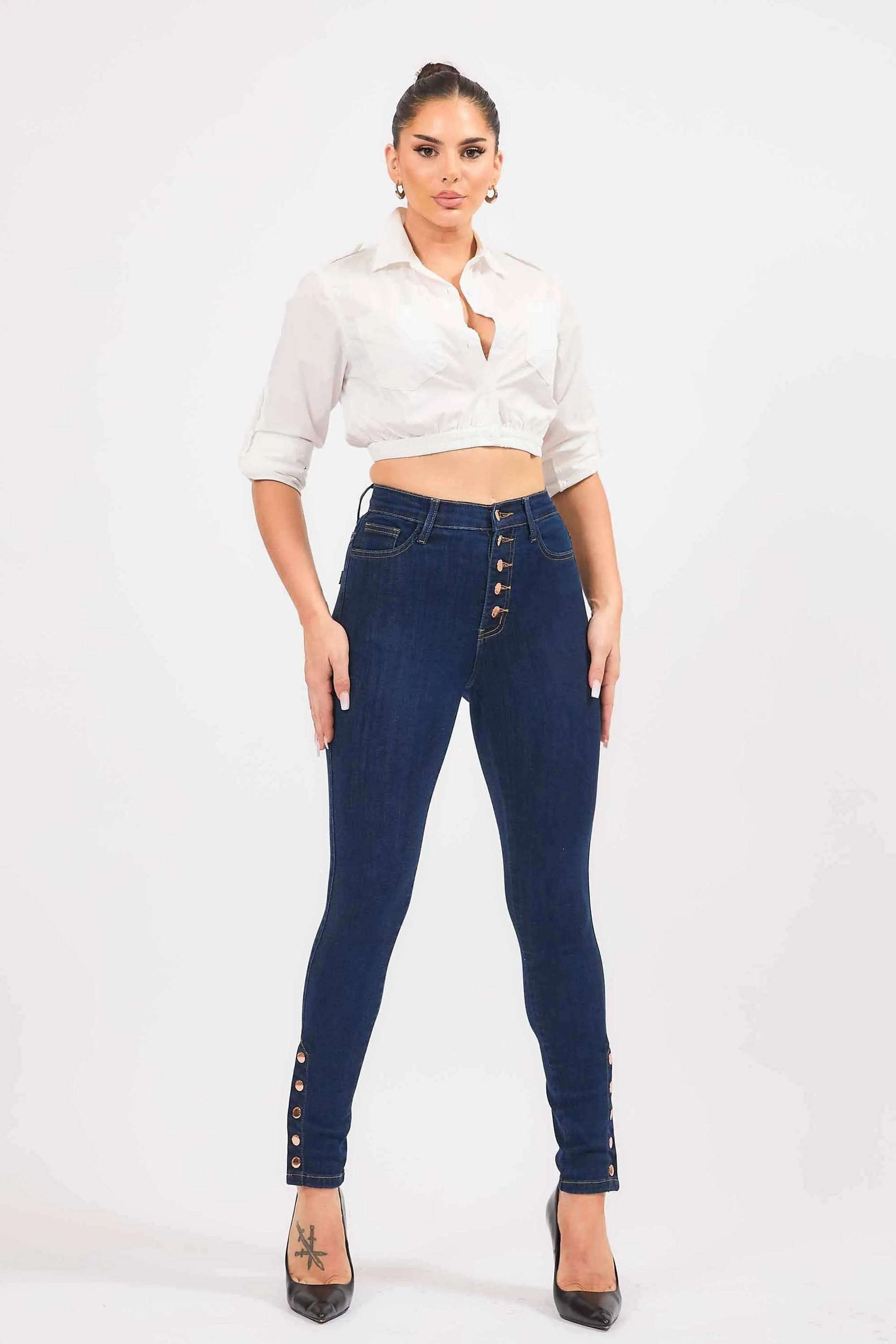 High-Waisted Ankle Skinny With 5 Button Snaps