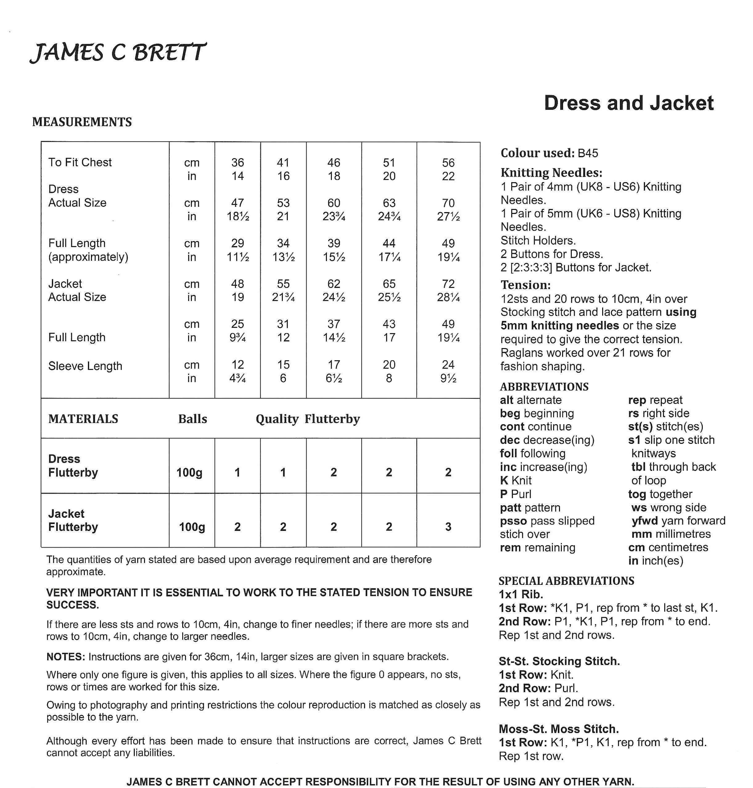 James C Brett  Knitting Pattern JB650 - Dress & Jacket Knitted With Flutterby Chunky Yarn