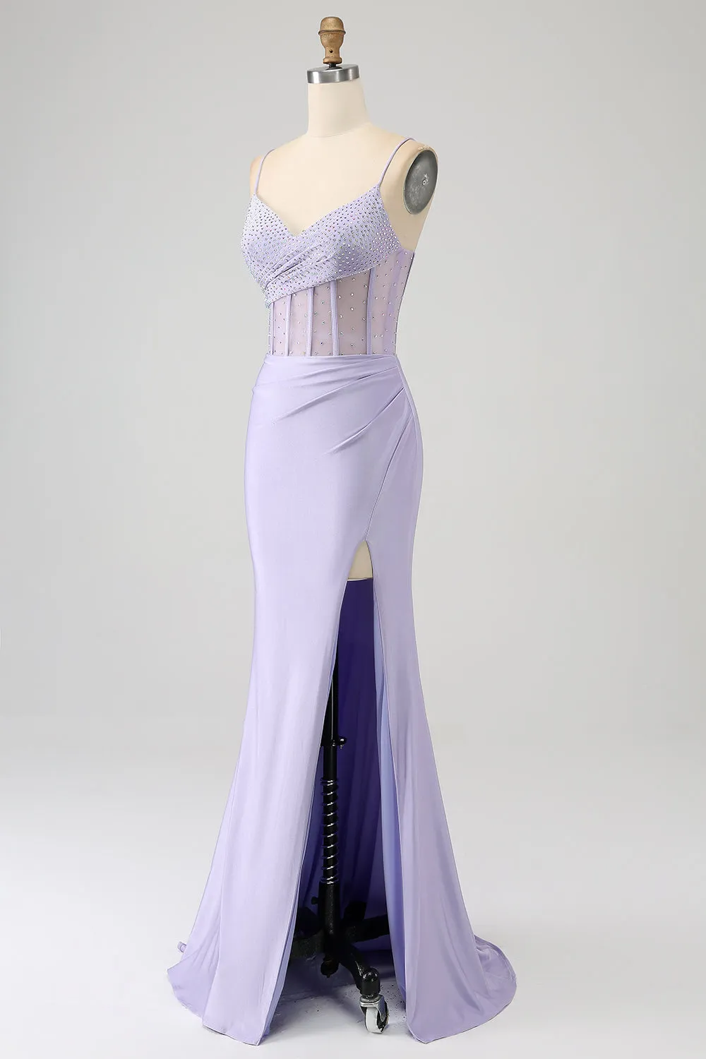 Lavender Mermaid Cutout Glitter Corset Satin Prom Dresses with Pleated Split Sexy Evening Dresses