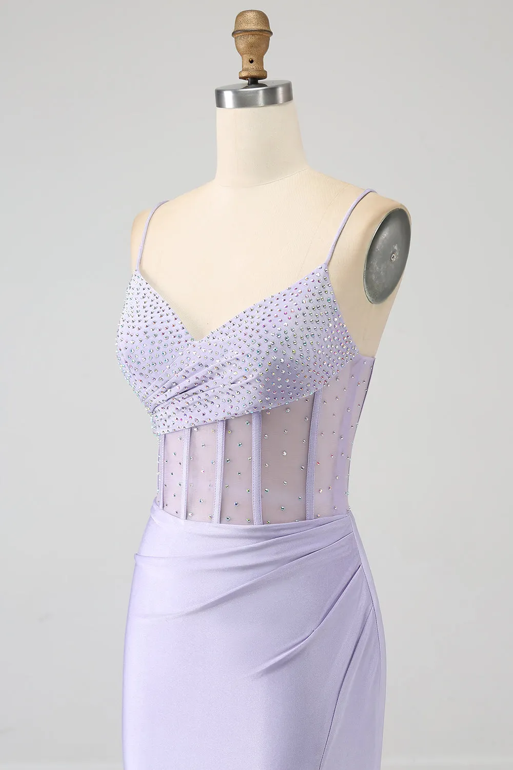 Lavender Mermaid Cutout Glitter Corset Satin Prom Dresses with Pleated Split Sexy Evening Dresses