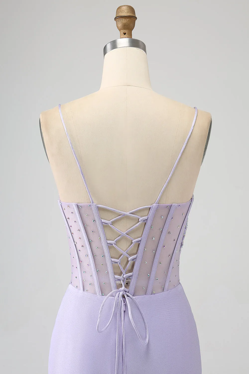 Lavender Mermaid Cutout Glitter Corset Satin Prom Dresses with Pleated Split Sexy Evening Dresses