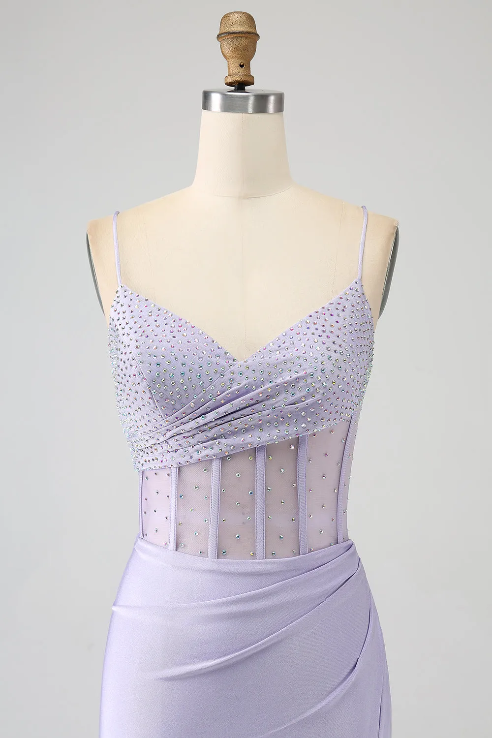 Lavender Mermaid Cutout Glitter Corset Satin Prom Dresses with Pleated Split Sexy Evening Dresses