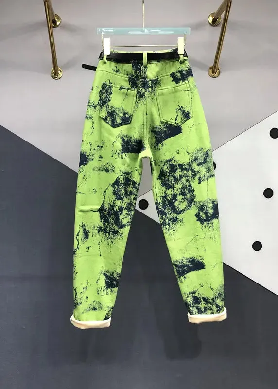 Modern Green Tie Dye Pockets Patchwork Denim Pants Fall ML0799