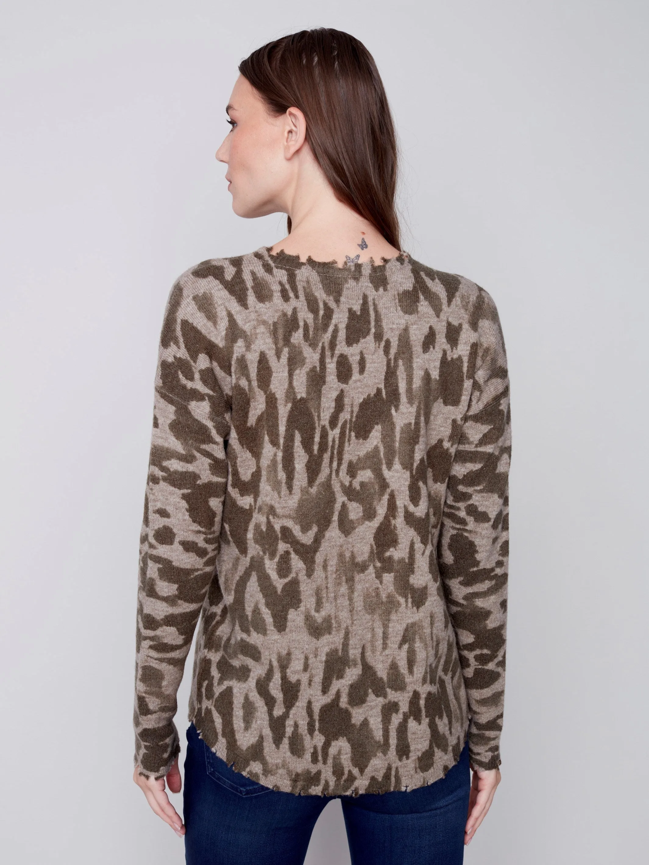 Printed Crew Neck Sweater with Frayed Edge - Spruce Flower