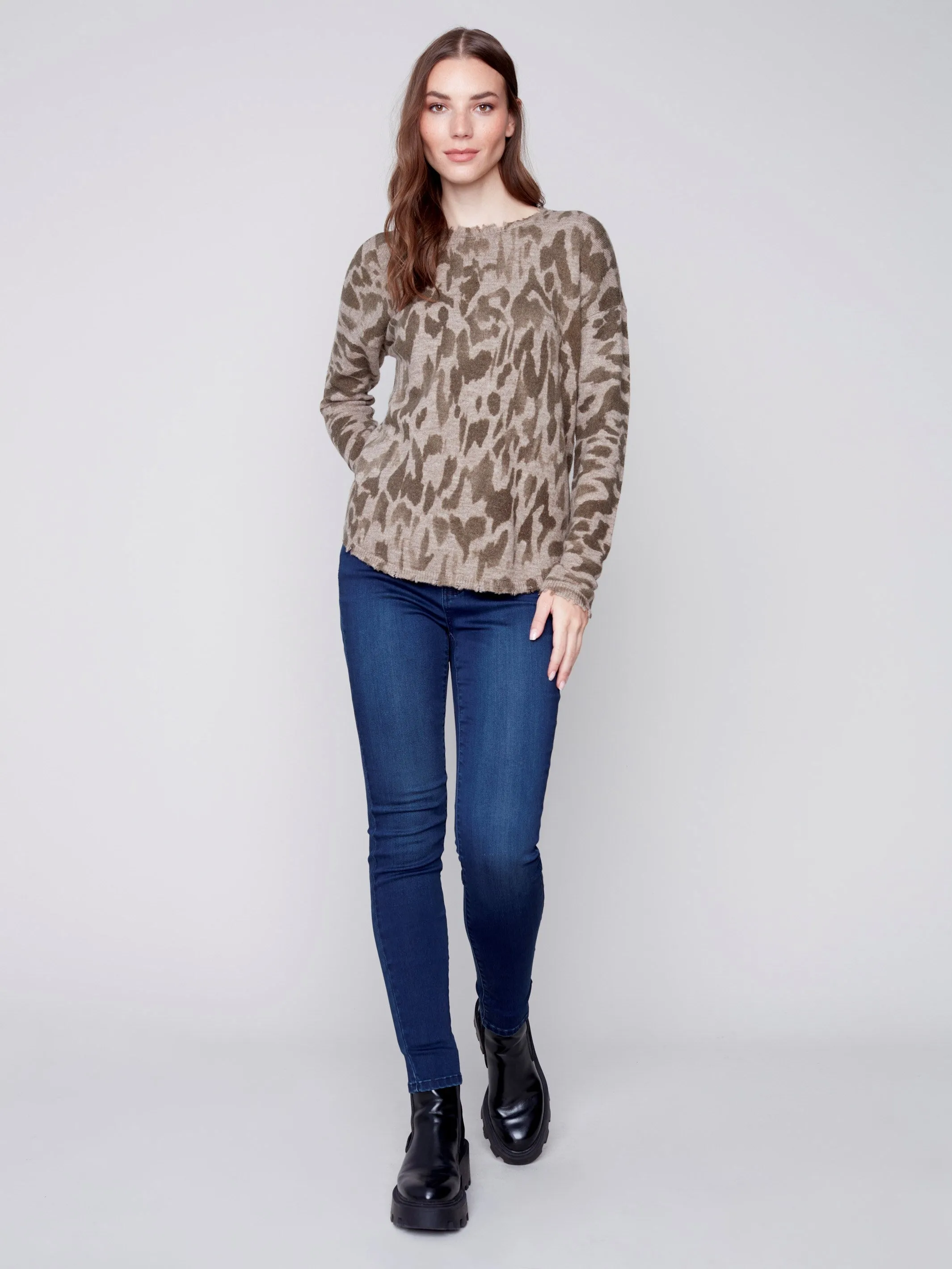 Printed Crew Neck Sweater with Frayed Edge - Spruce Flower