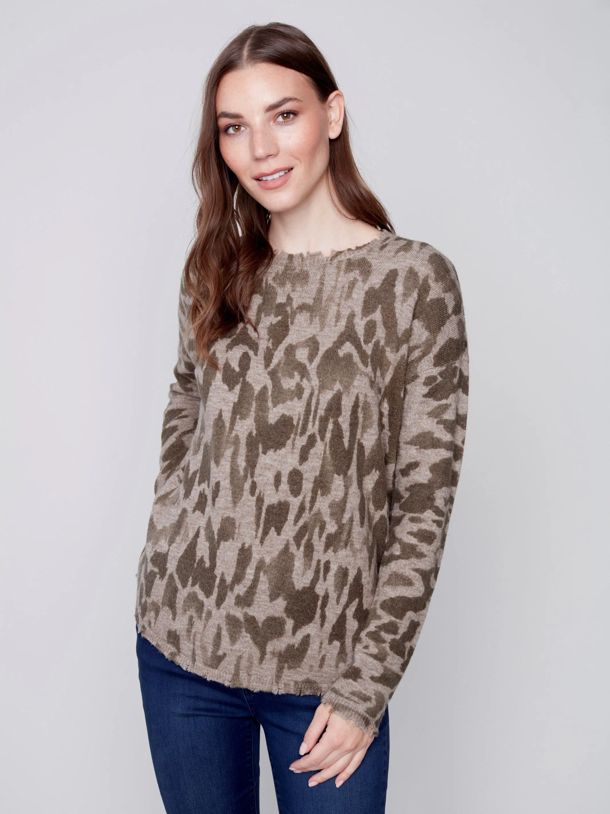 Printed Crew Neck Sweater with Frayed Edge - Spruce Flower
