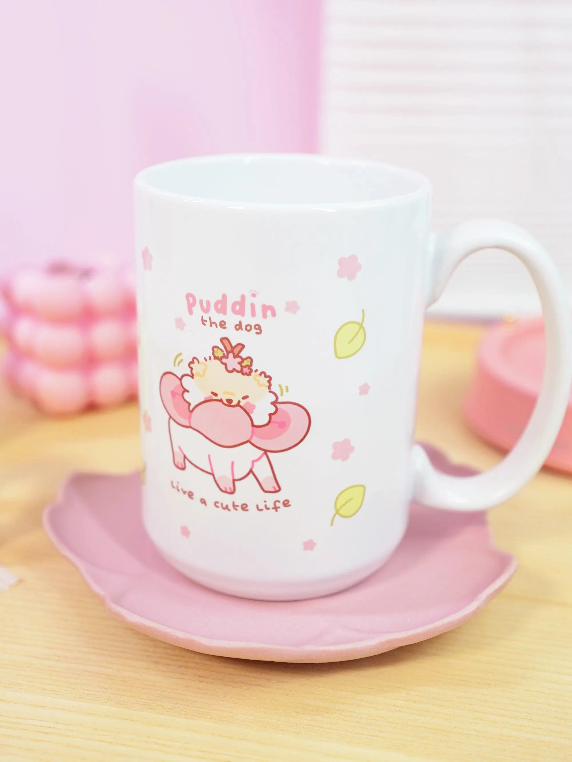 Puddin the Dog Coffee Mug | Pastel Pink Sakura Design | Cosy Kawaii Drinkware for Dog Lovers