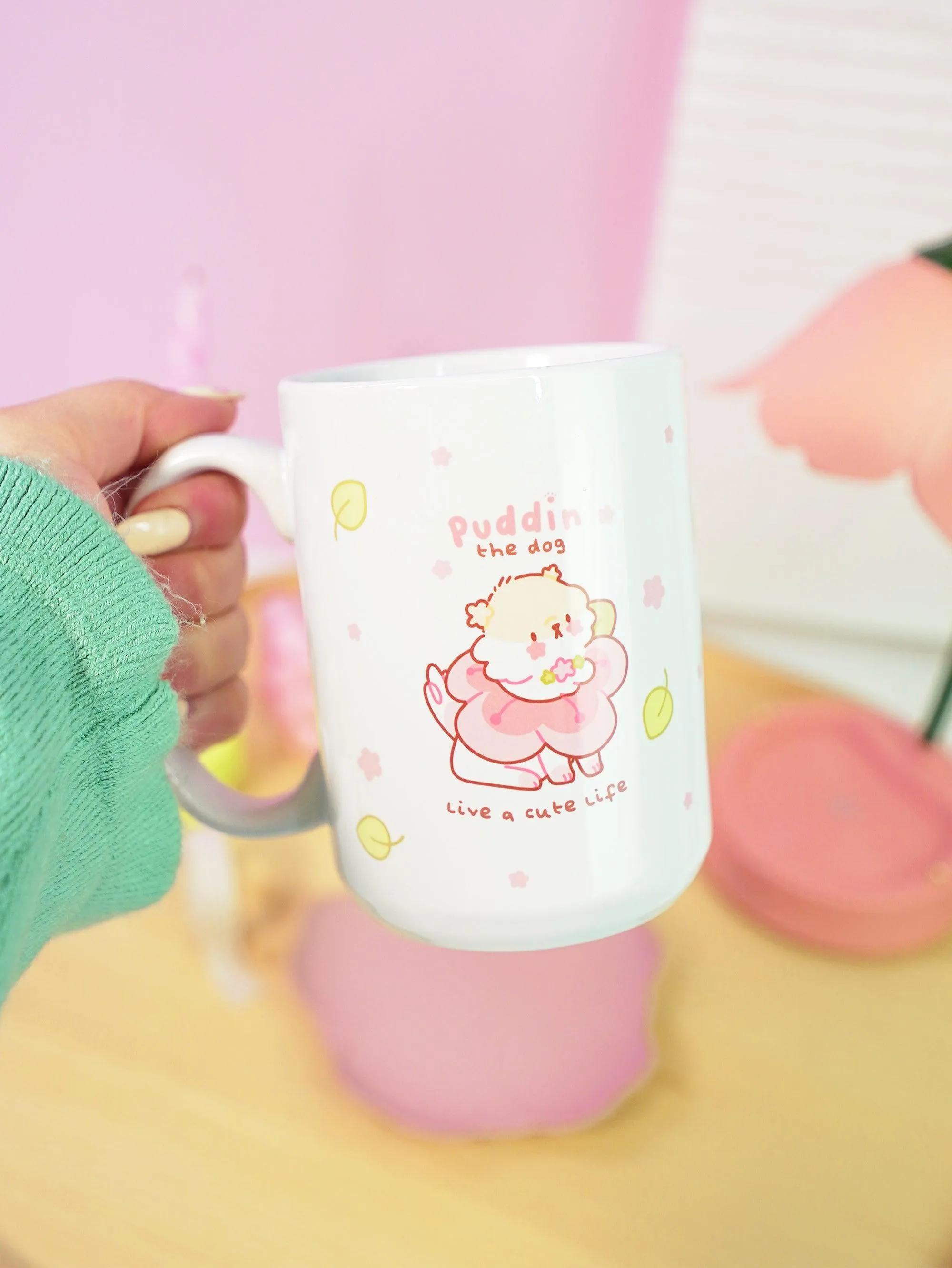 Puddin the Dog Coffee Mug | Pastel Pink Sakura Design | Cosy Kawaii Drinkware for Dog Lovers