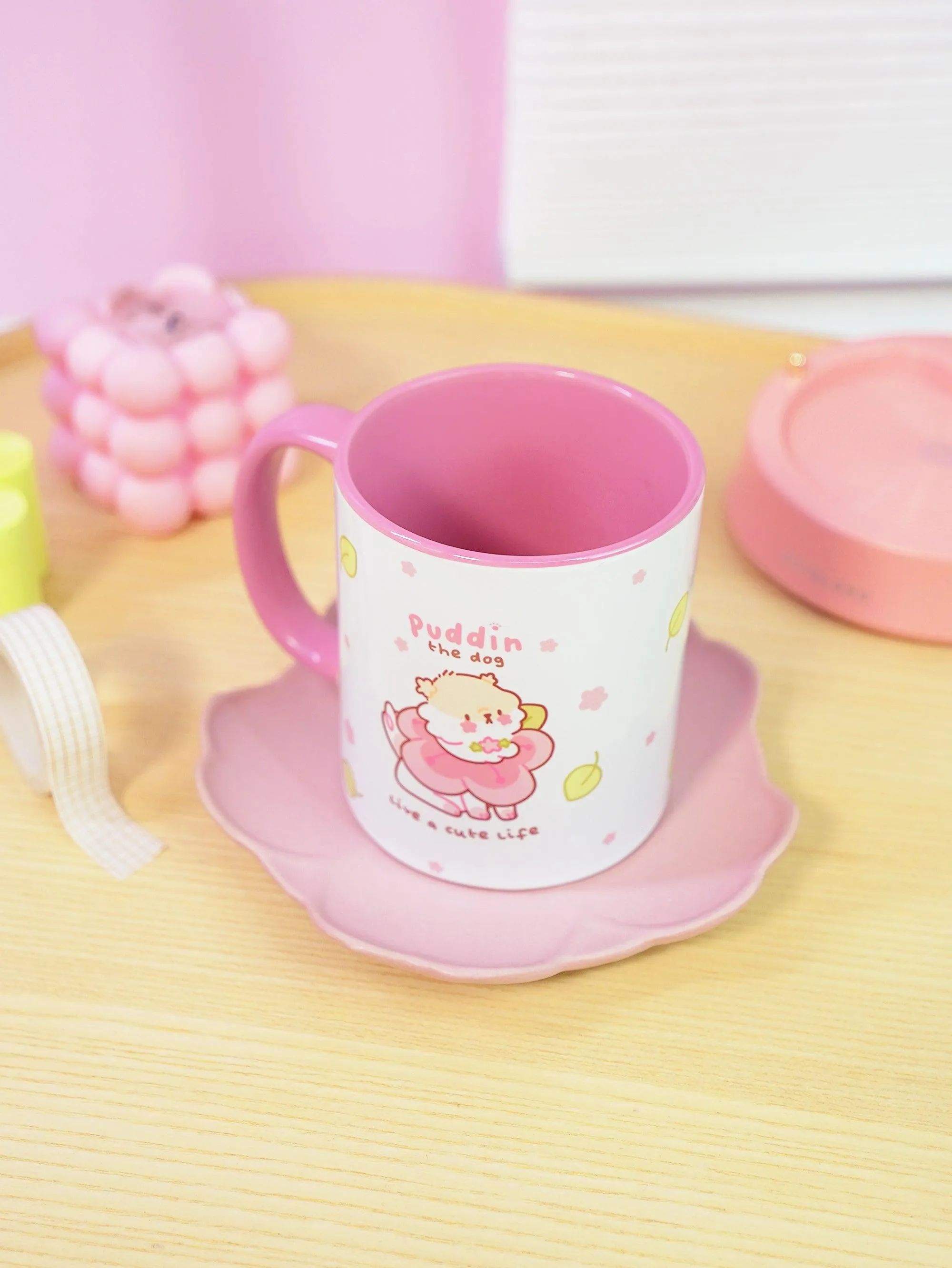 Puddin the Dog Coffee Mug | Pastel Pink Sakura Design | Cosy Kawaii Drinkware for Dog Lovers