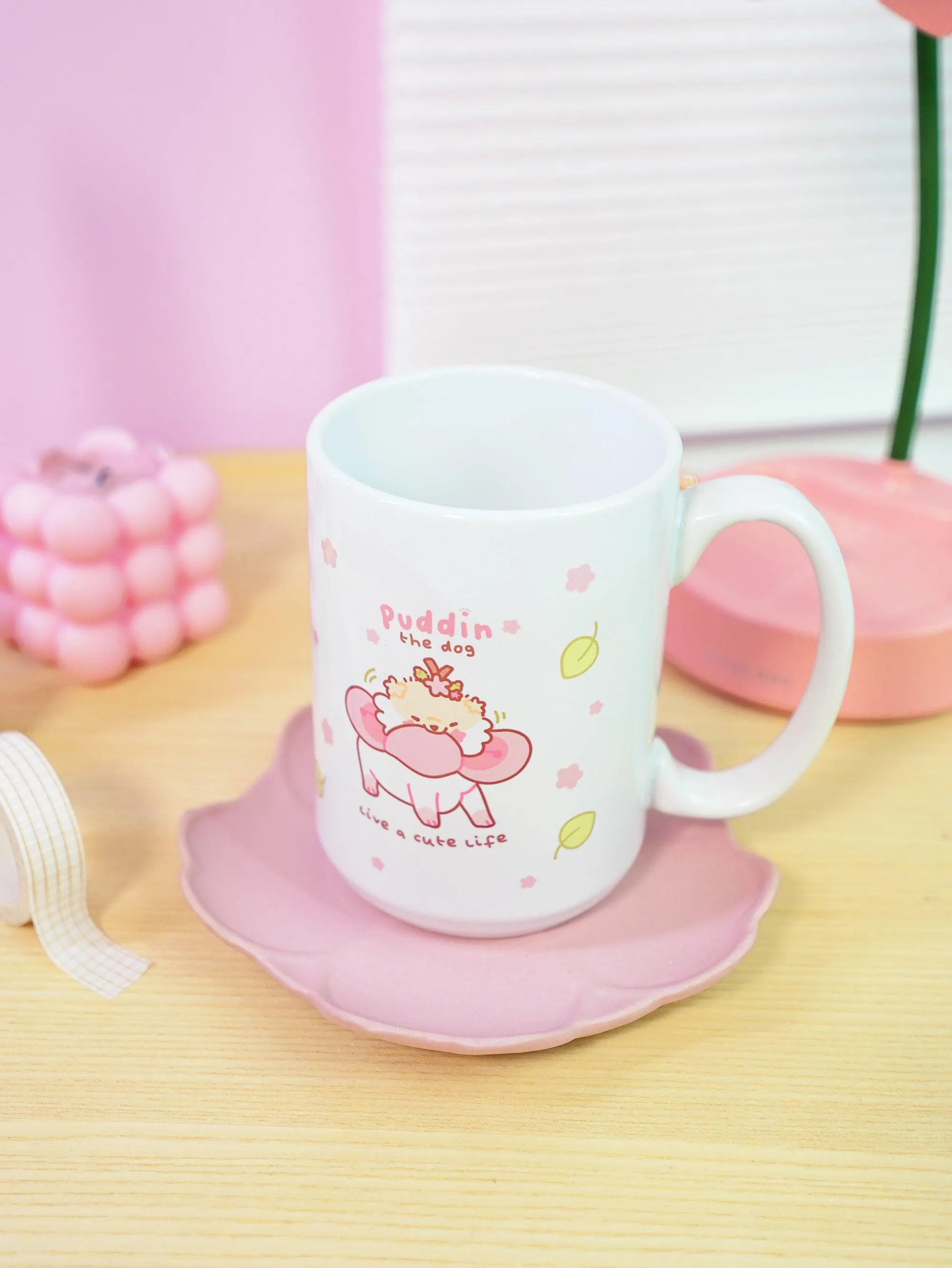 Puddin the Dog Coffee Mug | Pastel Pink Sakura Design | Cosy Kawaii Drinkware for Dog Lovers