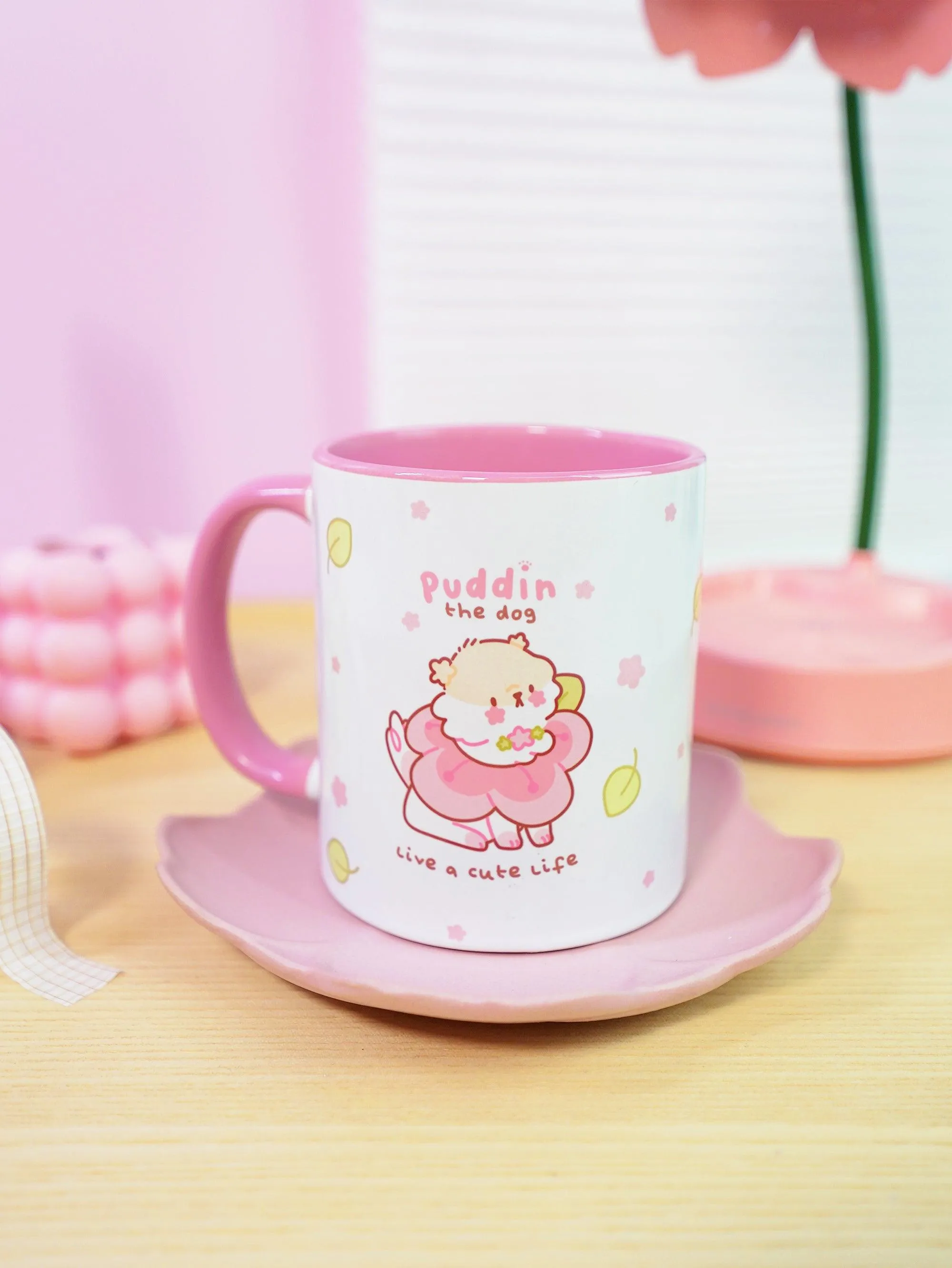 Puddin the Dog Coffee Mug | Pastel Pink Sakura Design | Cosy Kawaii Drinkware for Dog Lovers
