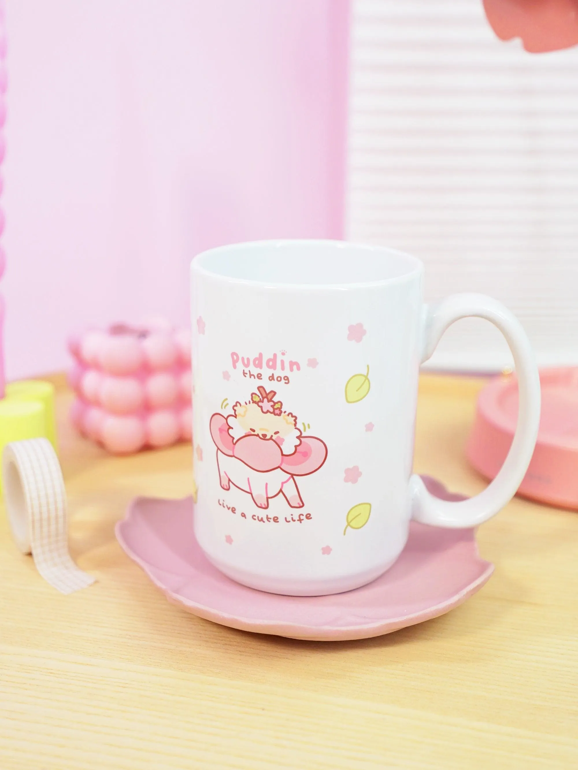 Puddin the Dog Coffee Mug | Pastel Pink Sakura Design | Cosy Kawaii Drinkware for Dog Lovers