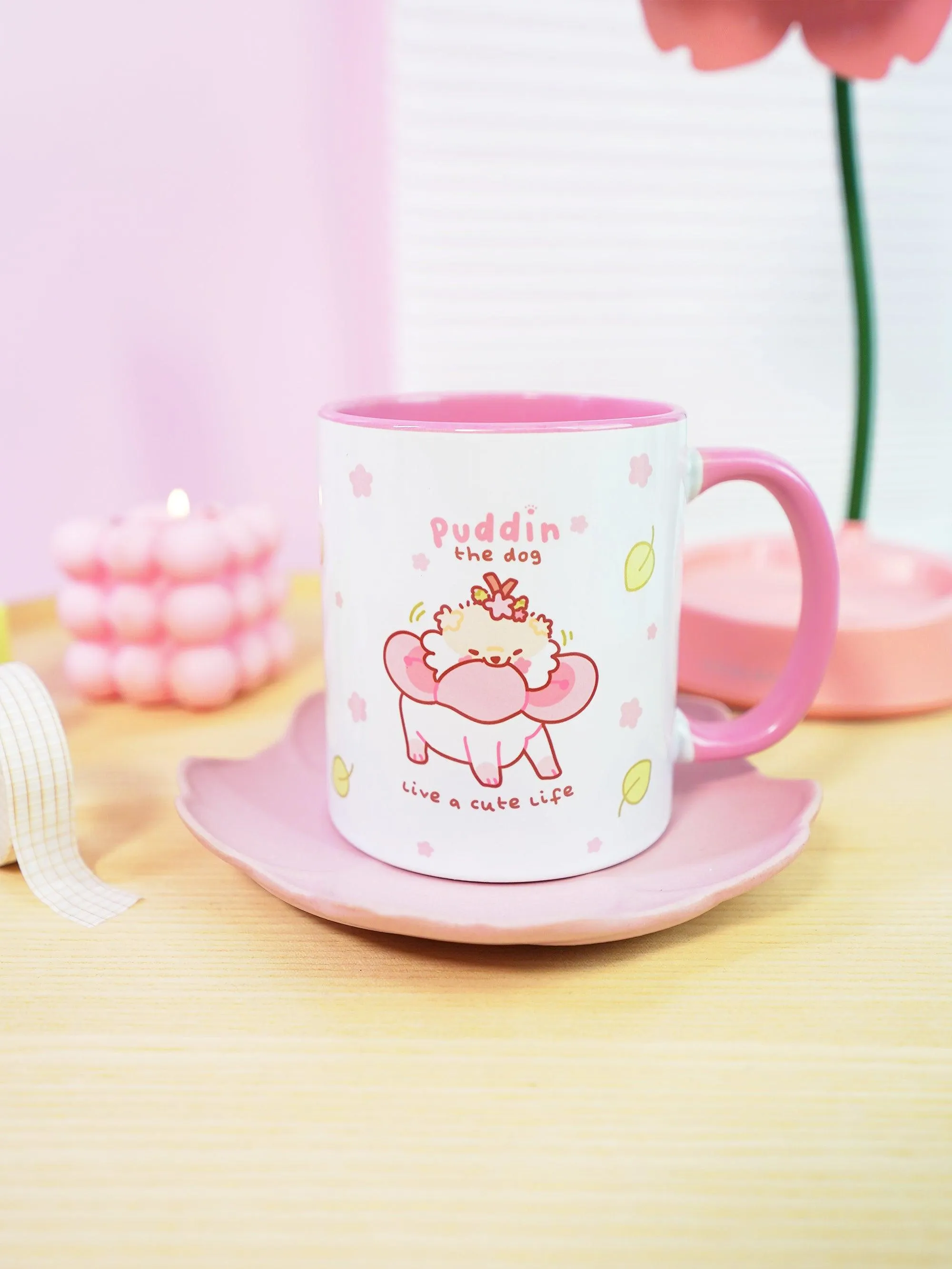 Puddin the Dog Coffee Mug | Pastel Pink Sakura Design | Cosy Kawaii Drinkware for Dog Lovers