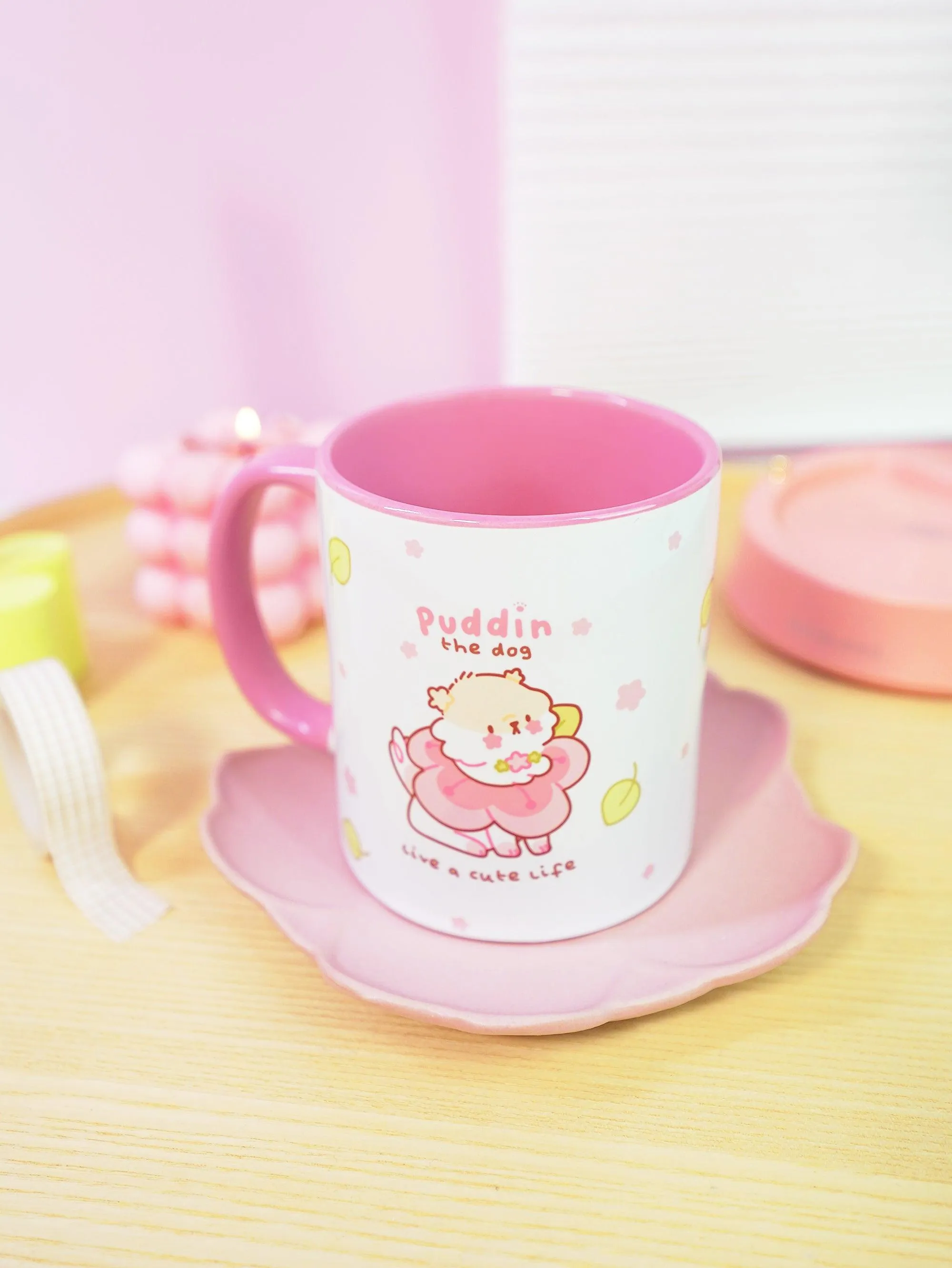 Puddin the Dog Coffee Mug | Pastel Pink Sakura Design | Cosy Kawaii Drinkware for Dog Lovers