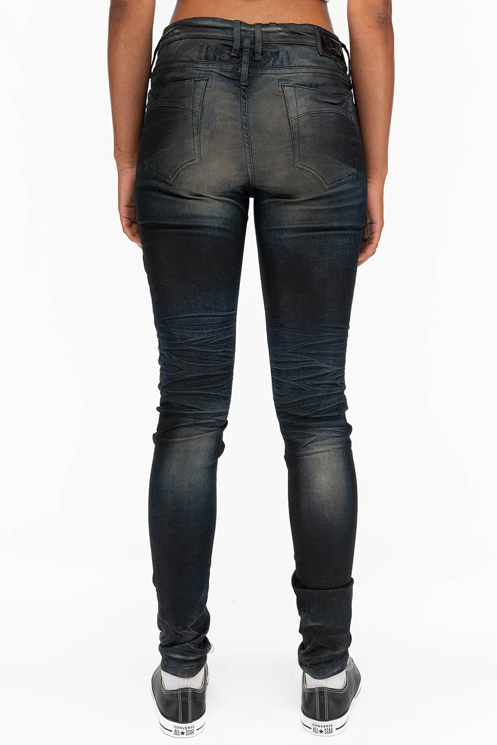 ROBIN'S WOMENS SKINNY MOTO JEANS IN TAR BROKEN