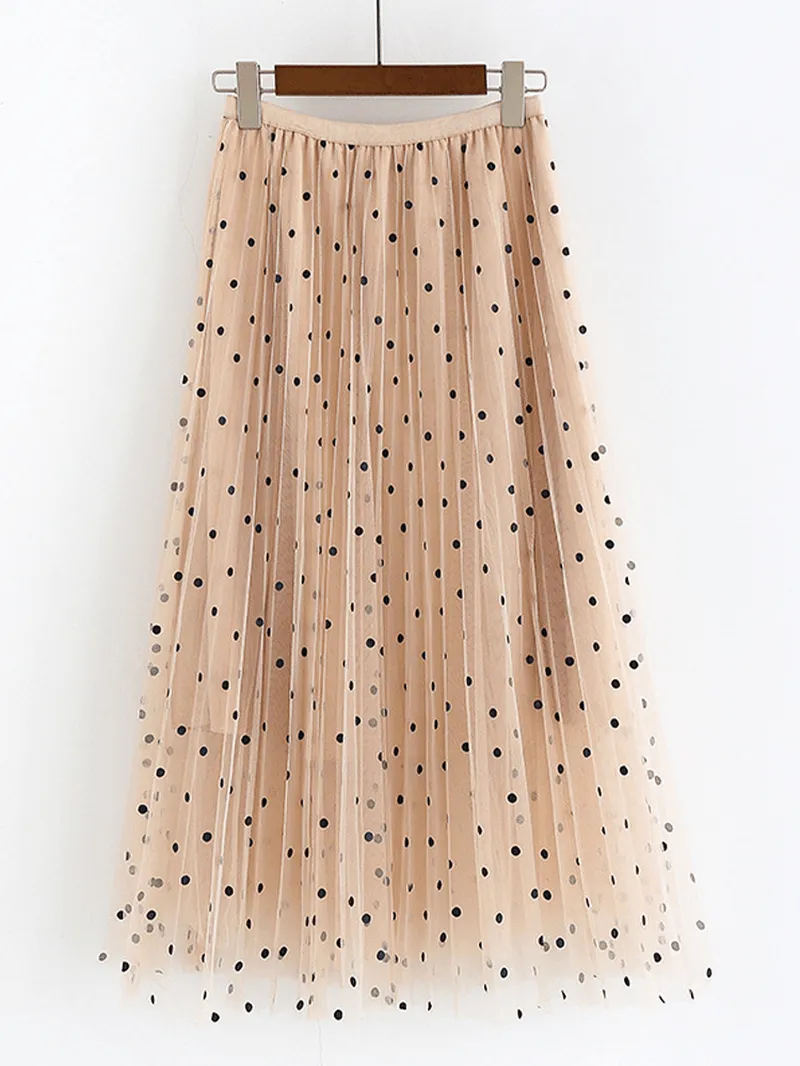Women Polka Dot Print Gauze Elastic Waist Midi Mesh Pleated Skirt