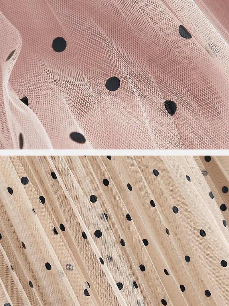 Women Polka Dot Print Gauze Elastic Waist Midi Mesh Pleated Skirt
