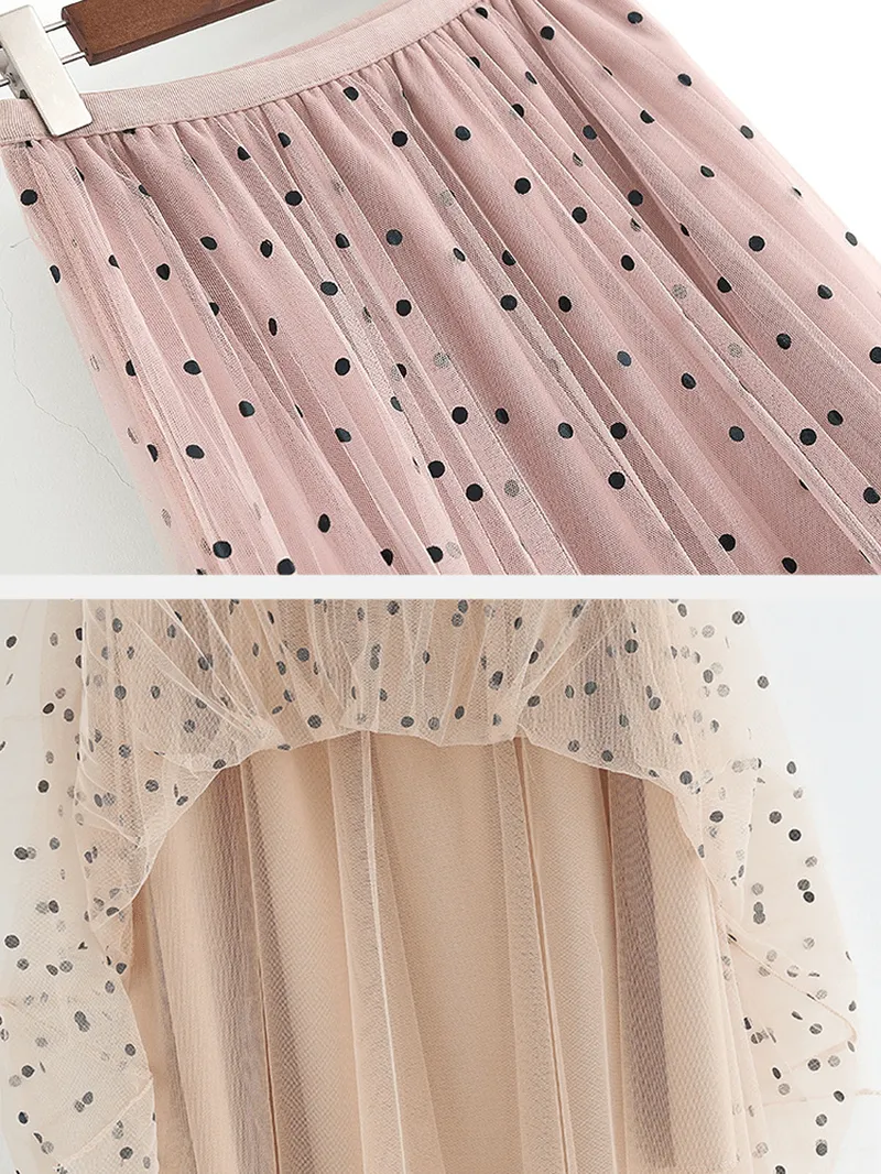 Women Polka Dot Print Gauze Elastic Waist Midi Mesh Pleated Skirt