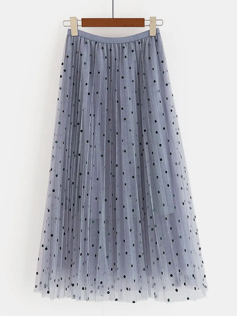 Women Polka Dot Print Gauze Elastic Waist Midi Mesh Pleated Skirt