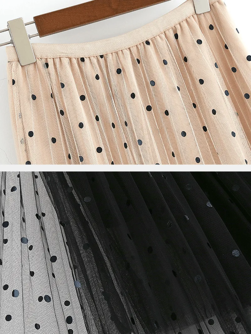 Women Polka Dot Print Gauze Elastic Waist Midi Mesh Pleated Skirt